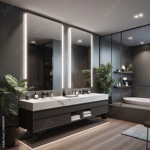modern bathroom interior  gray walls  showcasing a modern and minimalist high-end style with warm lighting