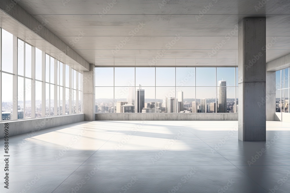 Illustration of an empty room with expansive windows showcasing a city skyline. Generative AI Illustration of an empty room with expansive windows showcasing a city skyline. Generative AI
