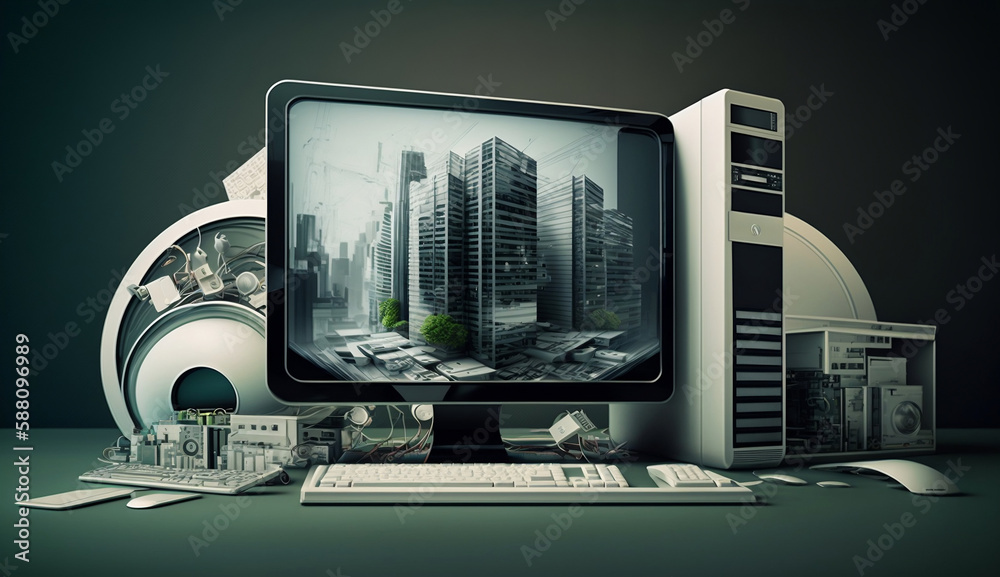 Naklejka premium Wallpaper design of computer monitor with buildings, Generative AI