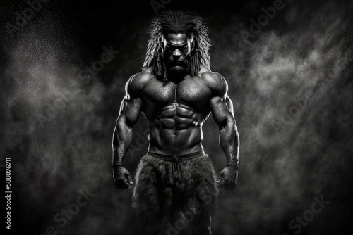 Black & white picture of a male bodybuilder with smoke behind him. Generative Ai