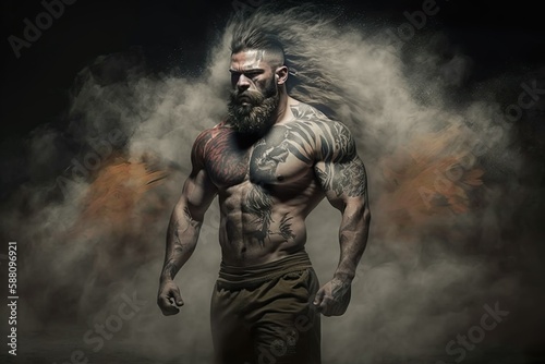 Viking bodybuilder with a smoky background. Generative Ai