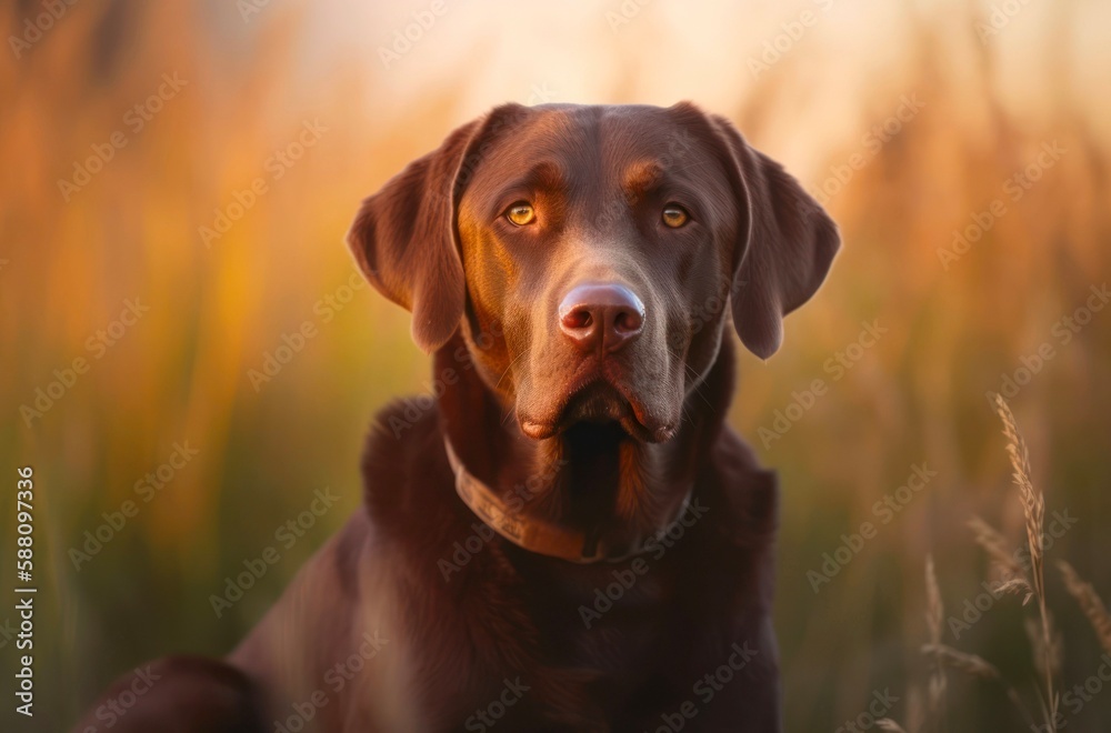 Portrait of a chocolate labrador retriever in the grass outdoor under sunlight. Generative AI. Portrait of a chocolate labrador retriever in the grass outdoor under sunlight. Generative AI.