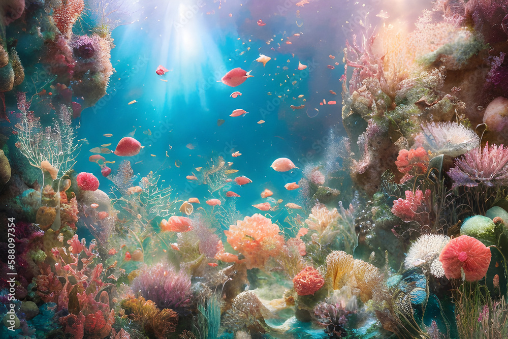 Fundo do mar, peixes, plantas e corais