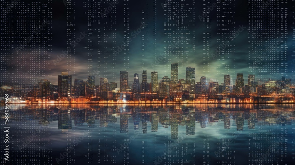 Digital Horizon: A Cityscape Set Against a Binary Code Background.Generative Ai