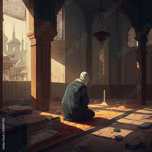 Muslim prayer in a mosque. Generative AI photo