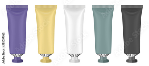 Set of multicolored tubes. 3d mockup. Purple, black, green, yellow and white colors. Hand cream
