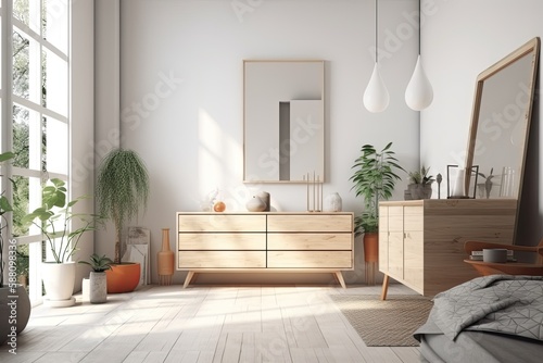 cozy and minimalist bedroom with natural elements. Generative AI