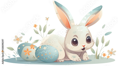 Happy Easter, Easter Bunny Cartoon With Eggs on Transparent Background, Generative AI