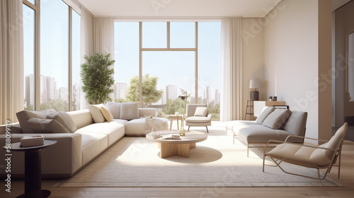 Modern Living room interior furniturewith large windows and city view. generative AI © innluga