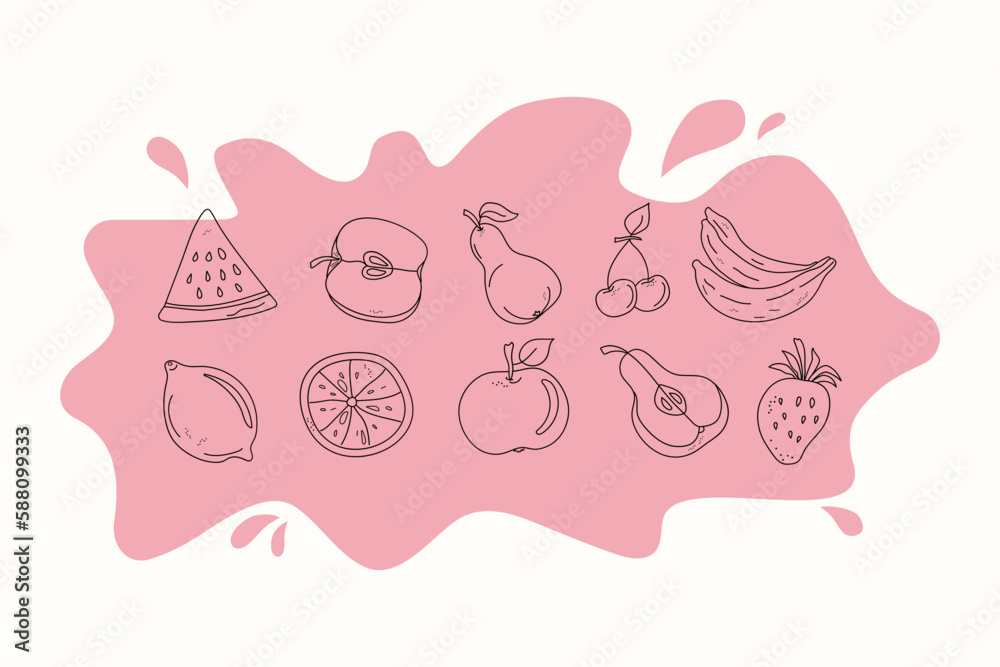 Set Icons of juicy fruits in whole and in slices.    Juice drops, abstract fruits. Doodle style. Drawings with black outline on colored spots. Vector graphics. Isolated background.