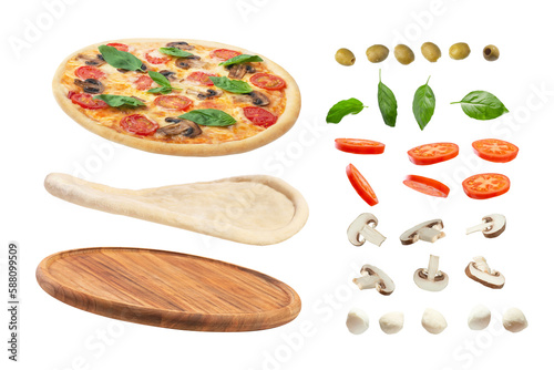 Pizza with mushrooms, tomatoes, cheese and basil on a white background. Falling ingredients. Levitation