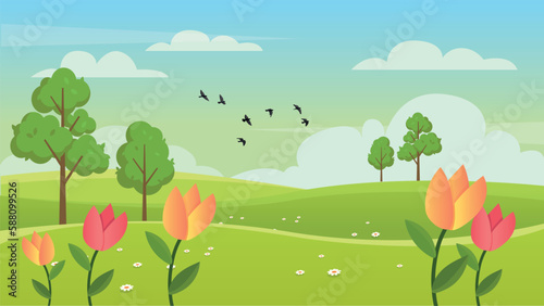 Cartoon meadow landscape. summer green fields view, spring lawn hill and blue sky, green grass fields landscape background illustration. field grass, meadow landscape spring or summer Premium Vector 