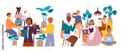 People Leader Characters Working in Coworking Space Using Gadgets Vector Set