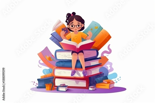 Cute little girl reading book illustration. Generative ai