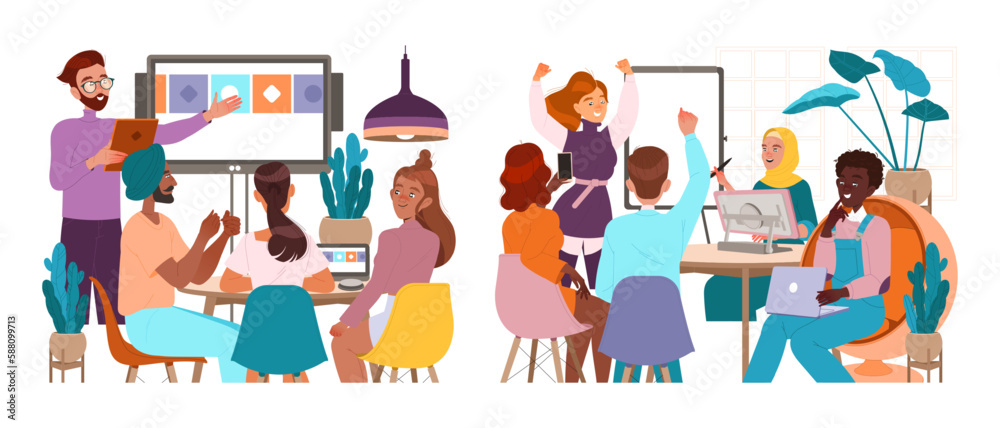 People Leader Characters Working in Coworking Space Using Gadgets Vector Set