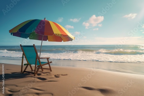 Colorful parasol and chair at the sunny beach made with Generativ AI