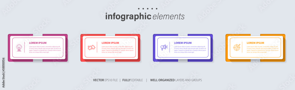 Business Infographics template.Timeline with 4 steps, circles, options and marketing icons. Vector linear infographic elements.
Business Infographics template.Timeline with 4 steps, circles, options and marketing icons. Vector linear infographic elements.
