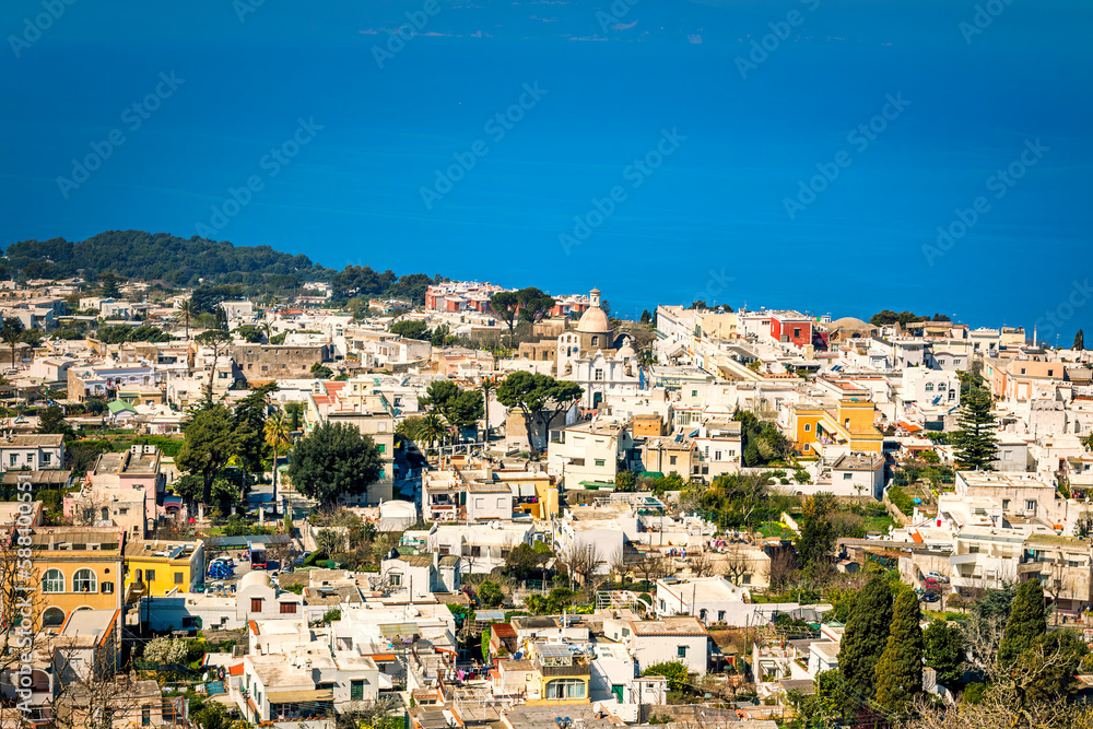 View from the Chairlift of Anacapri rooftops with the Tyrrhenian Sea, on the island of Capri, in Campania region, southern Italy.