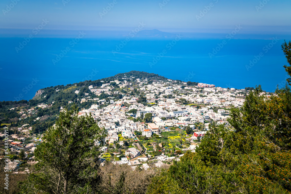 View from the Chairlift of Anacapri rooftops with the Tyrrhenian Sea, on the island of Capri, in Campania region, southern Italy.