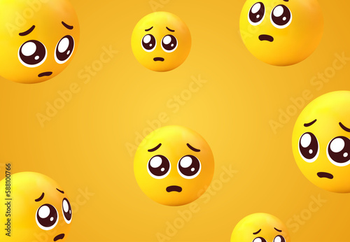 3d pleading emoji face with glossy eyes background collection. yellow sad emoticon for social network media -cute smiling emojis - simp begging emoticon set - unhappy emoticons. Vector illustration