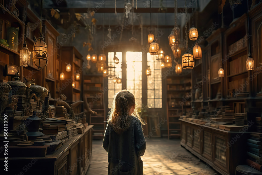 Back view of little girl in old magical library or vintage bookstore. Generative AI