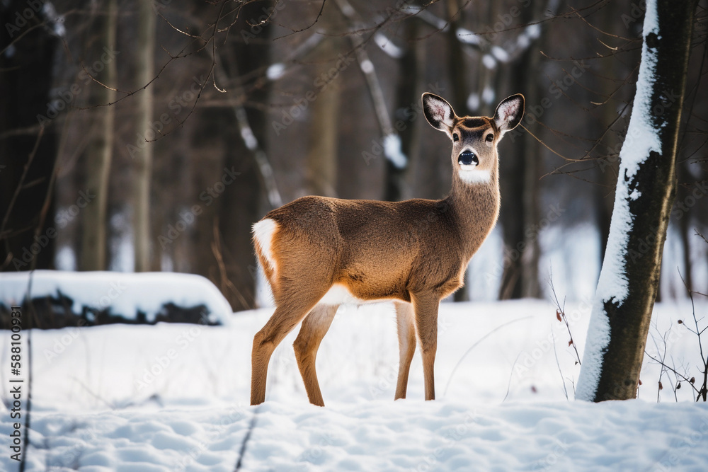 A deer in the snow covered forest