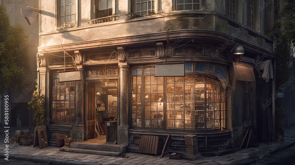 Cozy magical vintage european bookstore exterior. Generative AI