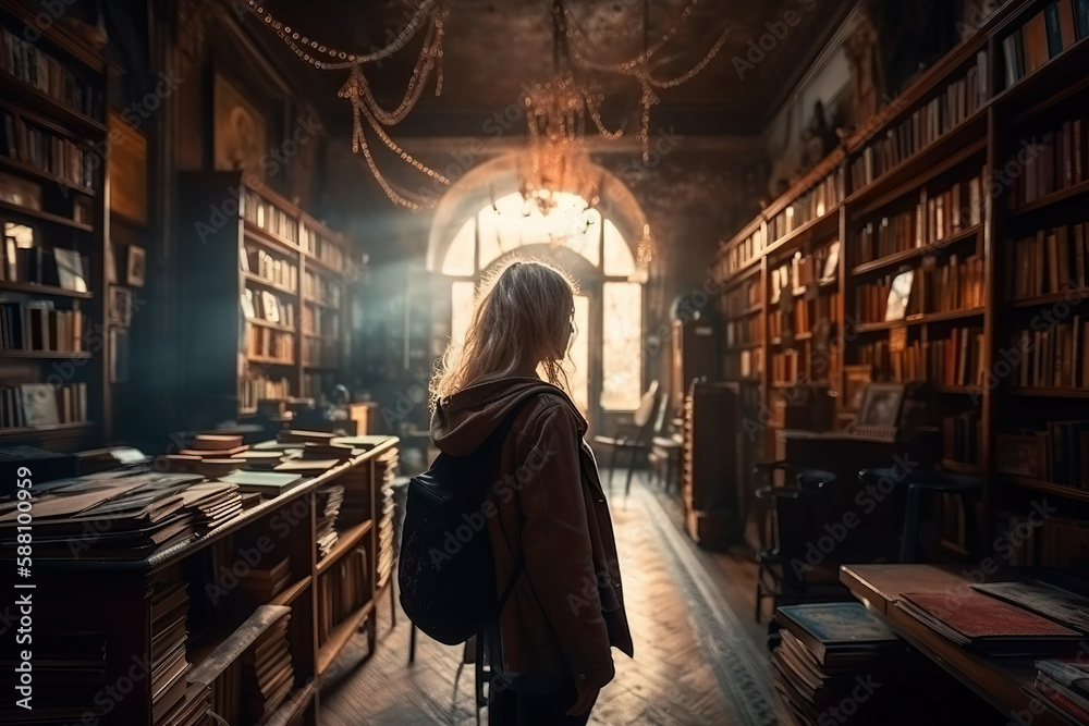 Back view of young woman in retro magical library or vintage bookstore. Generative AI