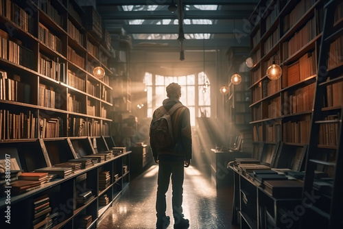 Back view of young man in retro magical library or vintage bookstore. Generative AI