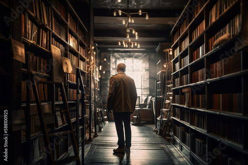 Back view of old man in retro magical library or vintage bookstore. Generative AI