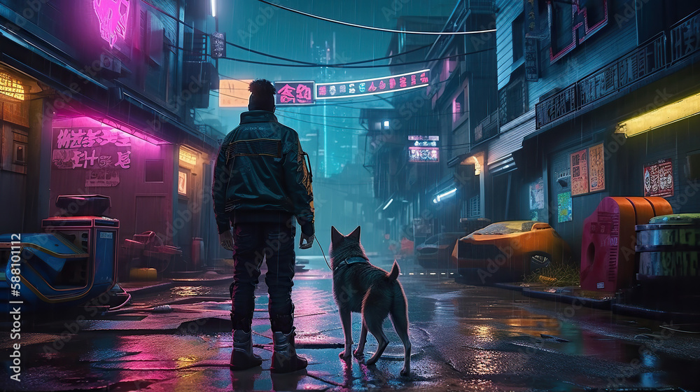 Back view of man standing with his dog in futuristic cyberpunk city ...