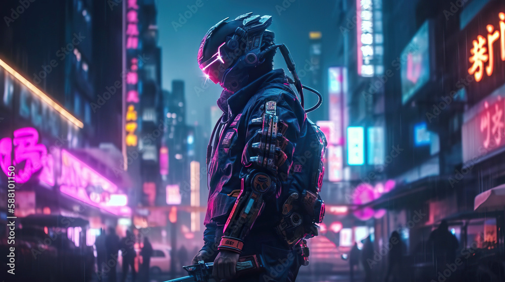 Portrait of samurai character in neon cyberpunk city. Generative AI