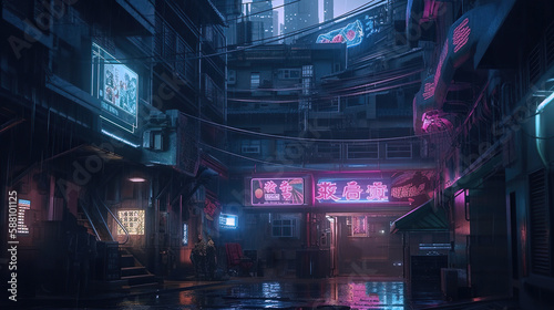 Futuristic cyberpunk city street under glowing light of neon signs. Generative AI © iridescentstreet