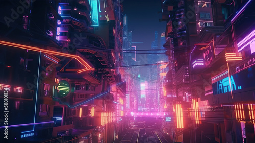 Futuristic cyberpunk city street under glowing light of neon signs. Generative AI © iridescentstreet