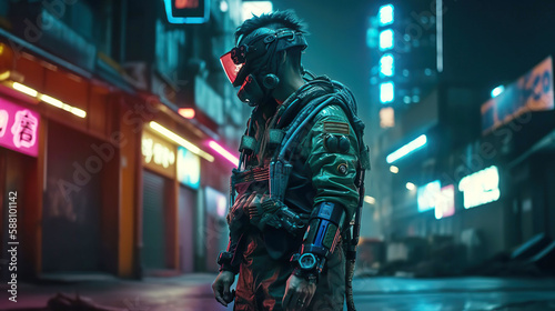 Portrait of samurai character in neon cyberpunk city. Generative AI
