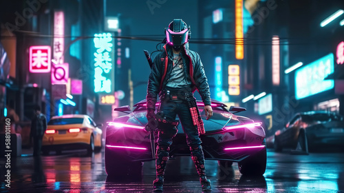 Portrait of samurai robot character standing near his futuristic car in neon cyberpunk city. Generative AI