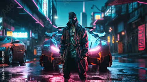 Portrait of samurai robot character standing near his futuristic car in neon cyberpunk city. Generative AI © iridescentstreet
