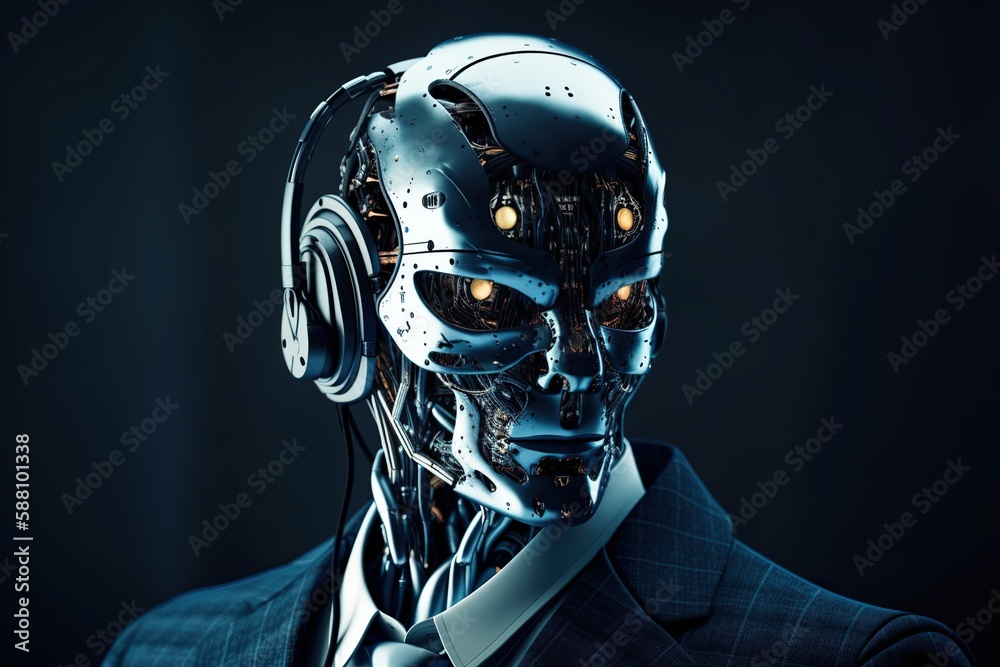 Studio portrait of businessman with robot head wearing blue suit, cyborg face with glowing eyes as an executive business worker. Generative AI Studio portrait of businessman with robot head wearing blue suit, cyborg face with glowing eyes as an executive business worker. Generative AI