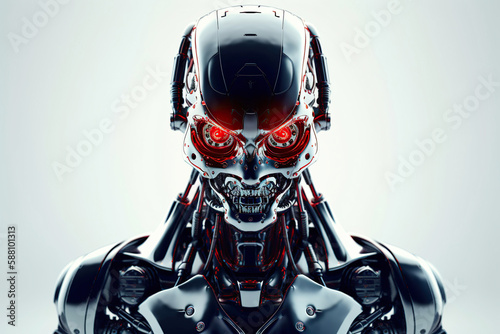 Portrait of evil robot, angry steel android, metal skull with red glowing eyes. Generative AI