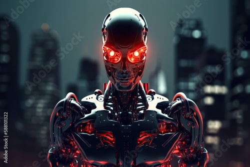 Portrait of evil robot, angry steel android, metal skull with red glowing eyes. Generative AI © iridescentstreet