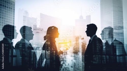 Double exposure illustration of silhouettes of business team people on city background. Generative AI