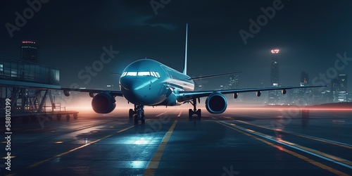 Night scene of a passenger plane on a runway with cityscape in far distance and dramatic sky. Generative AI