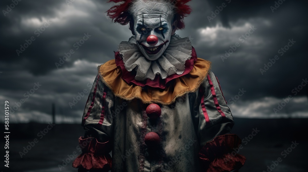 Fototapeta premium Evil clown. Portrait of scary spooky clown monster from horror movie. Generative AI