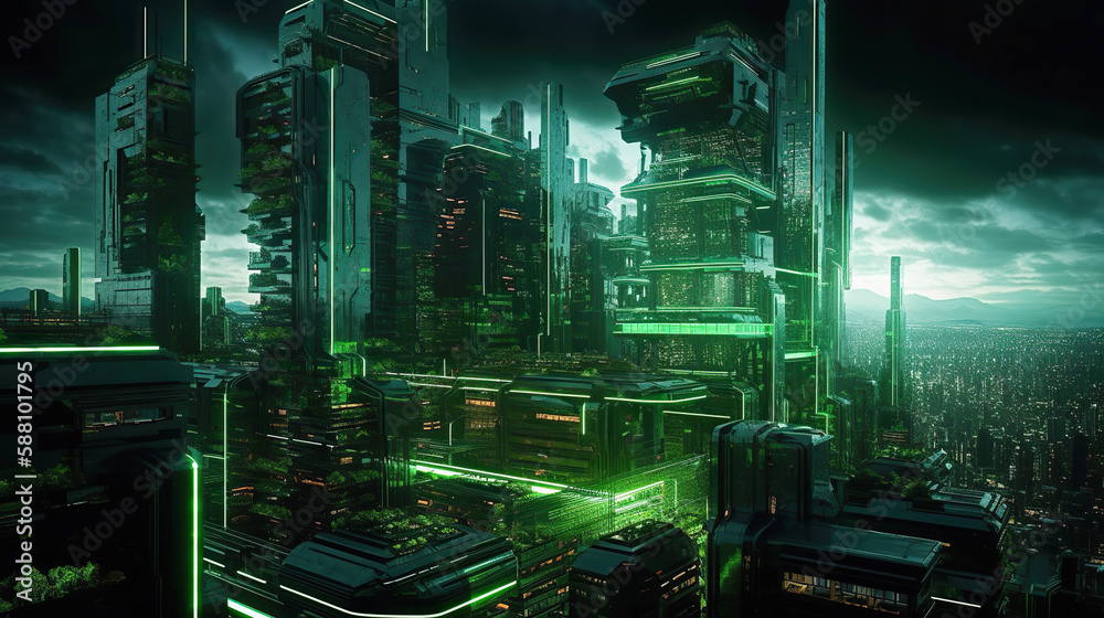 Futuristic sustainable green city at night, neon lights, concept of city of the future. Generative AI