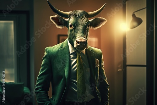 Bull market. Bull wearing suit with tie in office on Wall Street, growth uptrend in trading concept. Generative AI