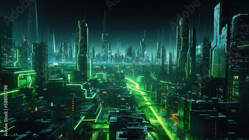 Futuristic sustainable green city at night  neon lights  concept of city of the future. Generative AI