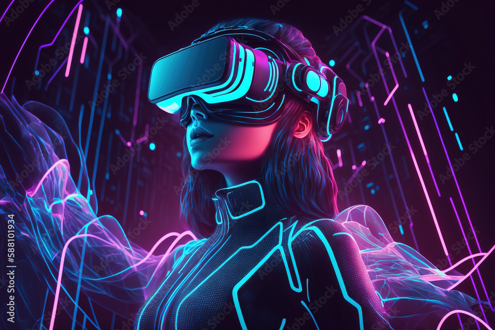 3d avatar of young woman in futuristic costume and modern vr glasses interacting with metaverse immersive technology on background with digital cyberpunk city in neon light. Generative AI 3d avatar of young woman in futuristic costume and modern vr glasses interacting with metaverse immersive technology on background with digital cyberpunk city in neon light. Generative AI