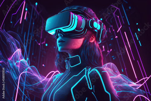 3d avatar of young woman in futuristic costume and modern vr glasses interacting with metaverse immersive technology on background with digital cyberpunk city in neon light. Generative AI