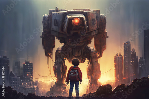 Little boy standing in street in front of giant evil robot, concept of fictional friend or enemy. Generative AI