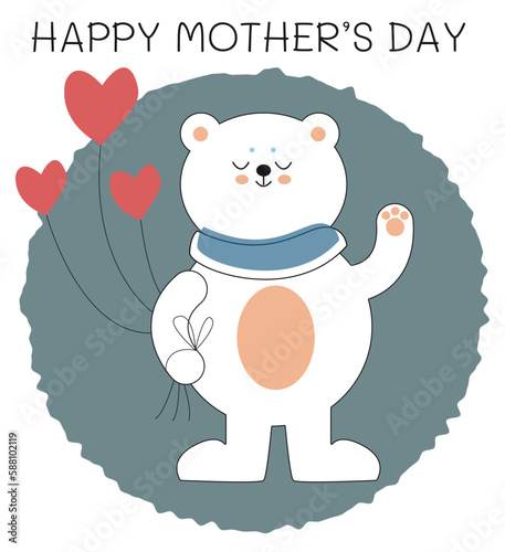 vector cute white bear with hearts ballon greeting mother's day